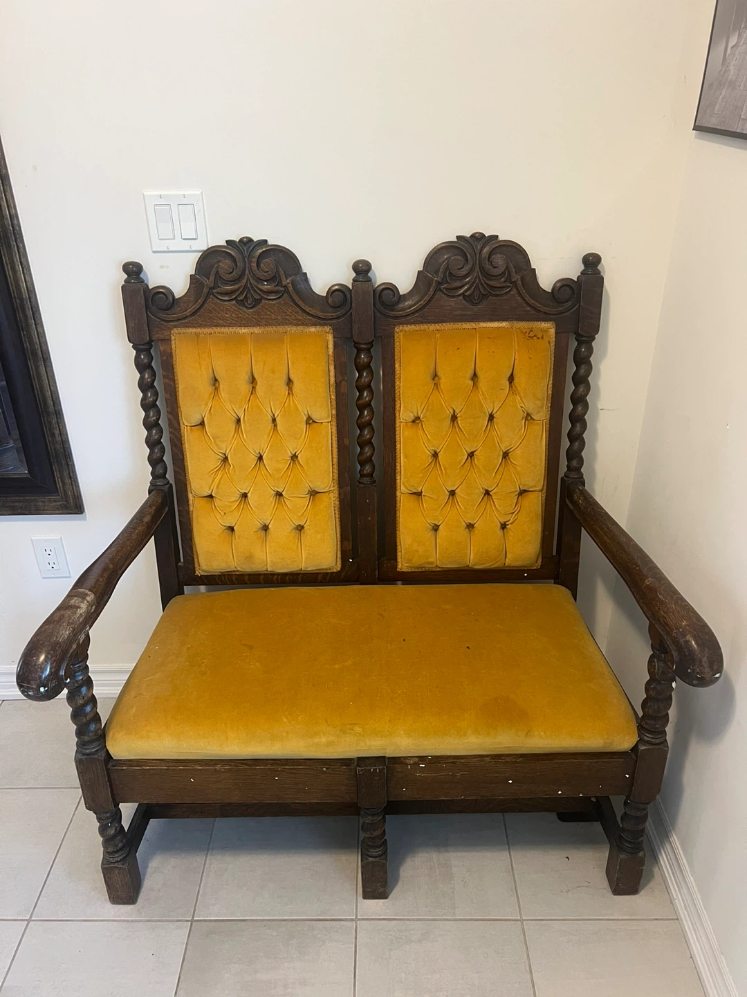 Vintage Wooden Loveseat with Yellow Tufted Upholstery