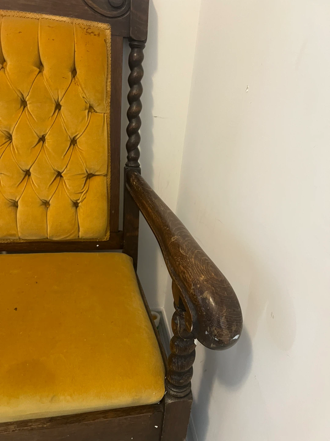 Vintage Wooden Loveseat with Yellow Tufted Upholstery - photo 4