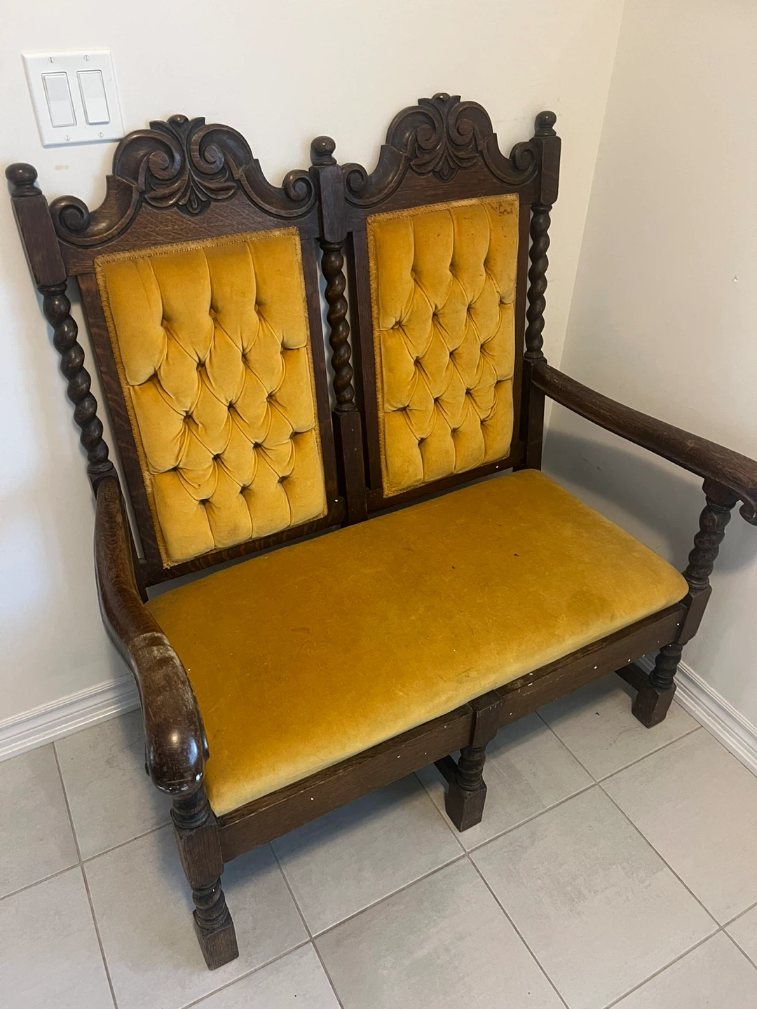 Vintage Wooden Loveseat with Yellow Tufted Upholstery - photo 2