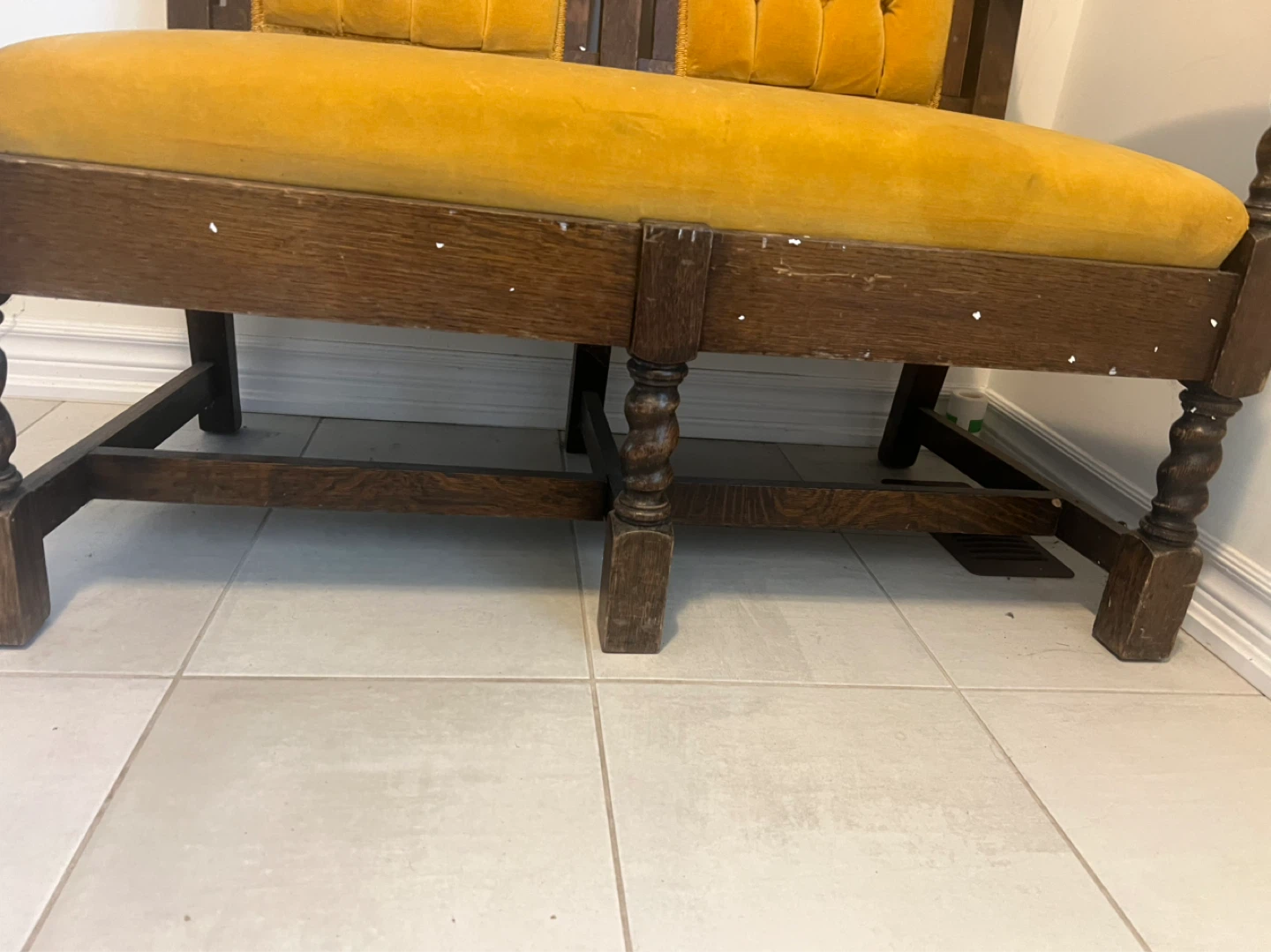 Vintage Wooden Loveseat with Yellow Tufted Upholstery - photo 5