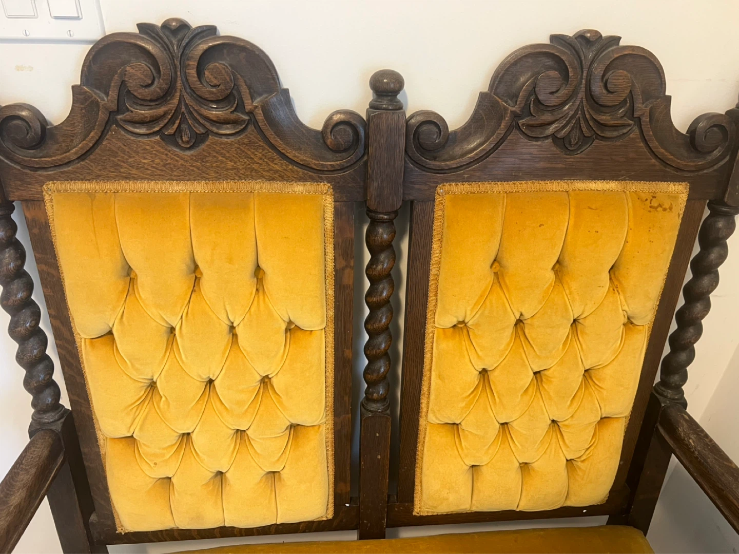 Vintage Wooden Loveseat with Yellow Tufted Upholstery - photo 3