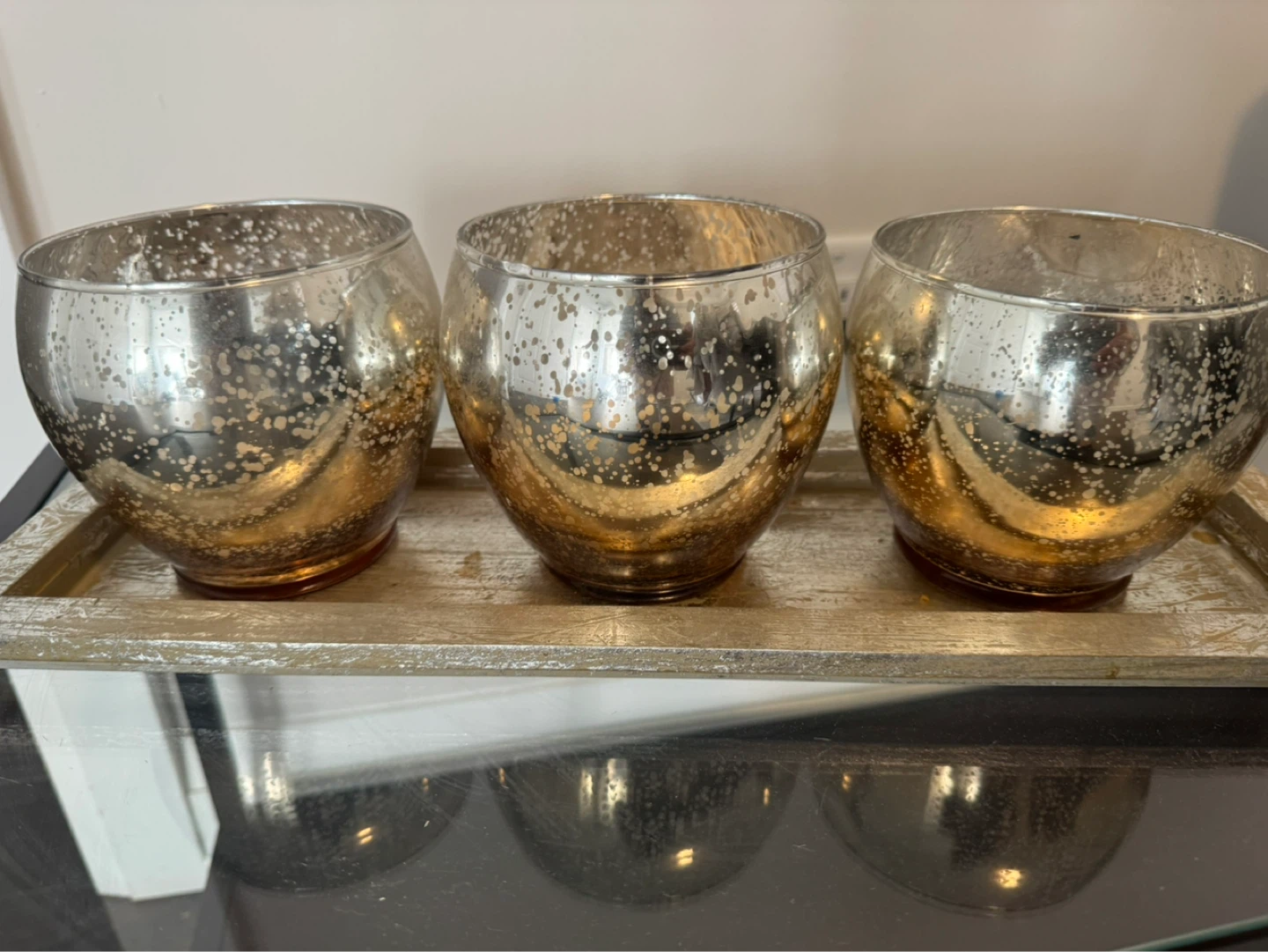 Set of 3 Mercury Glass Votive Holders with Tray