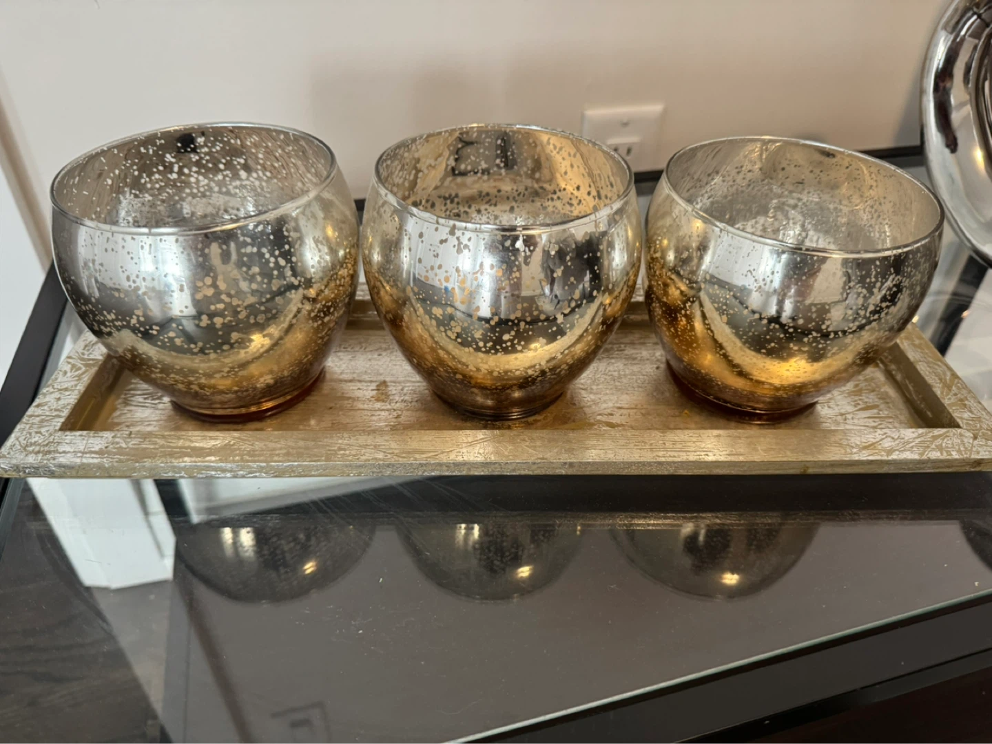 Set of 3 Mercury Glass Votive Holders with Tray - photo 2