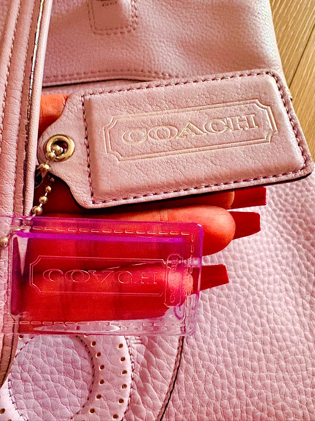 $80 New Coach (violet)  Leather Bag & Tan Chain Detail Heels