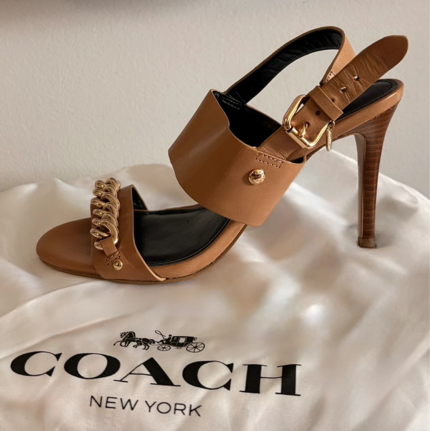 $80 New Coach (violet)  Leather Bag & Tan Chain Detail Heels - photo 3
