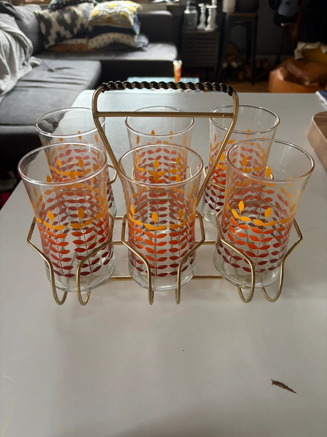 Vintage Orange Leaf Pattern Drinking Glasses with Carrier - photo 2