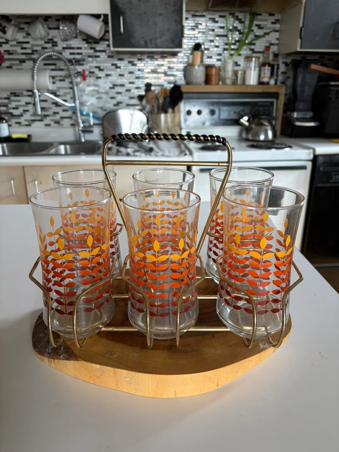 Vintage Orange Leaf Pattern Drinking Glasses with Carrier