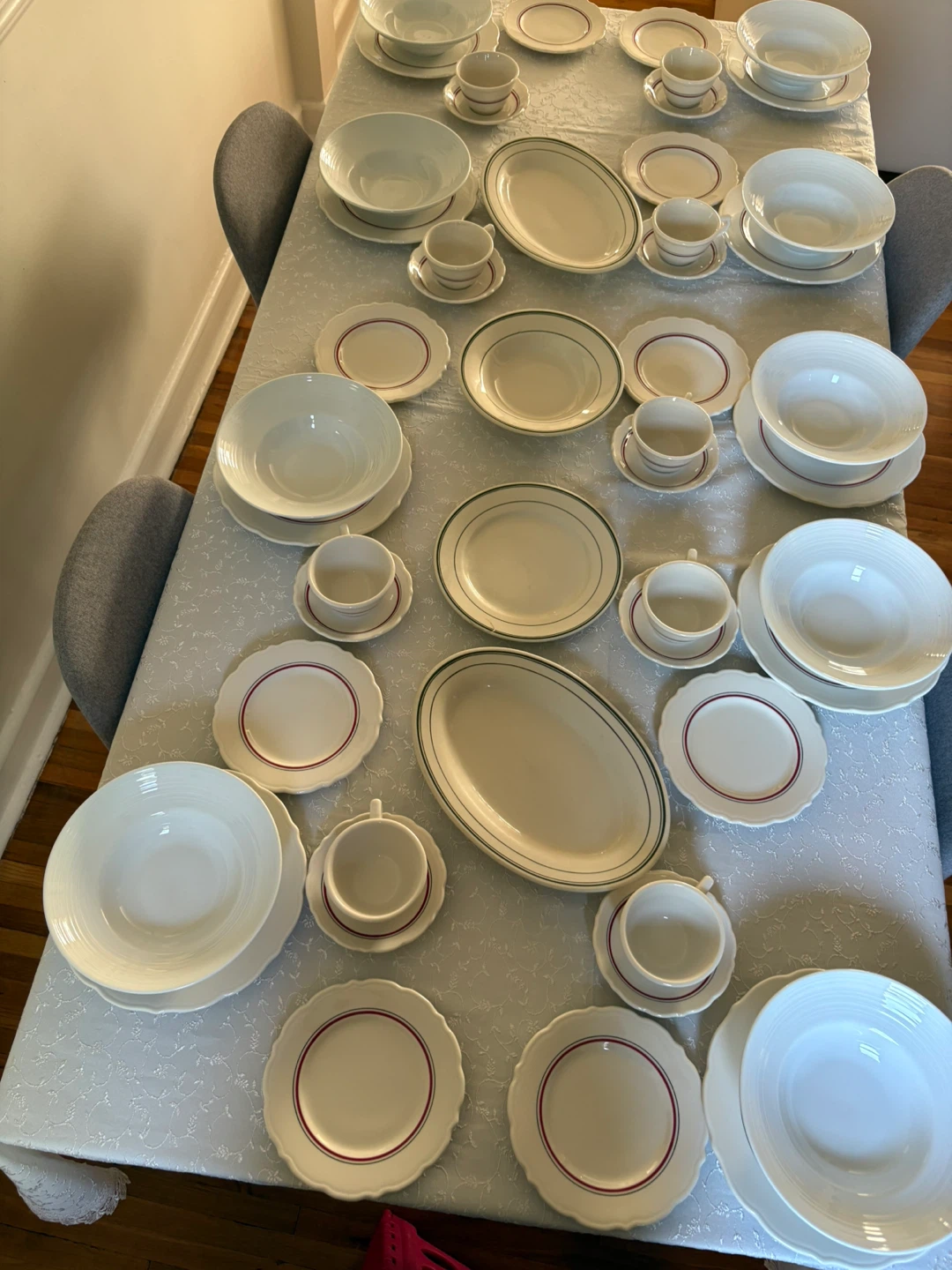 White Dinnerware Set with Red and Green Accents 9 person Serve