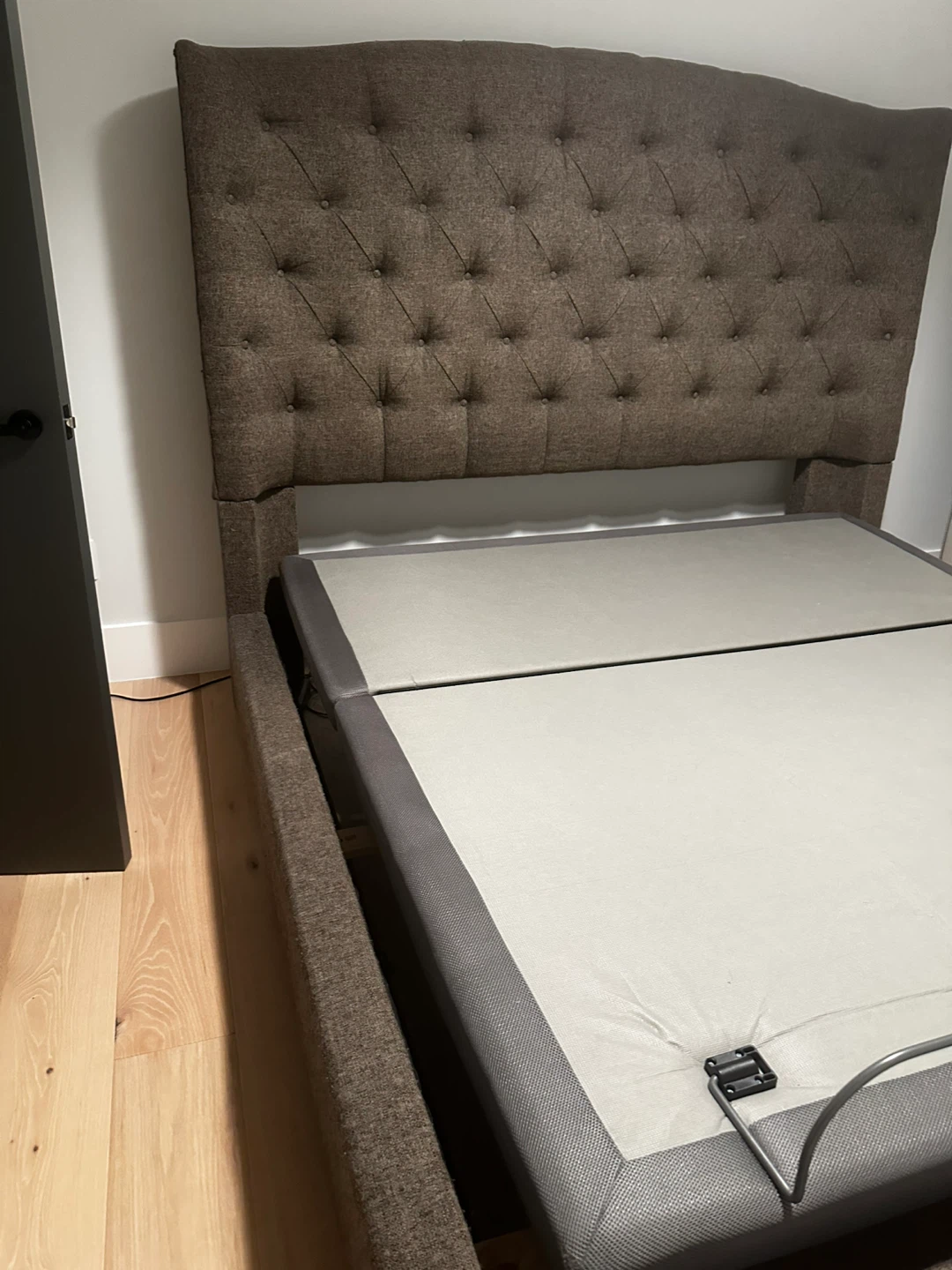 King Brown Upholstered Bed Frame with Adjustable Base
