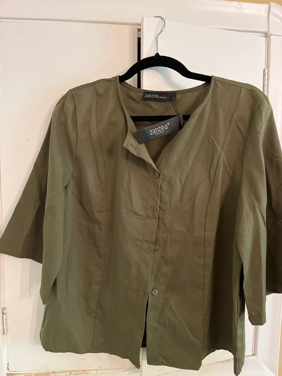 Zanzea Collection Olive Green 3/4 Sleeve Button-Up Top - Size L