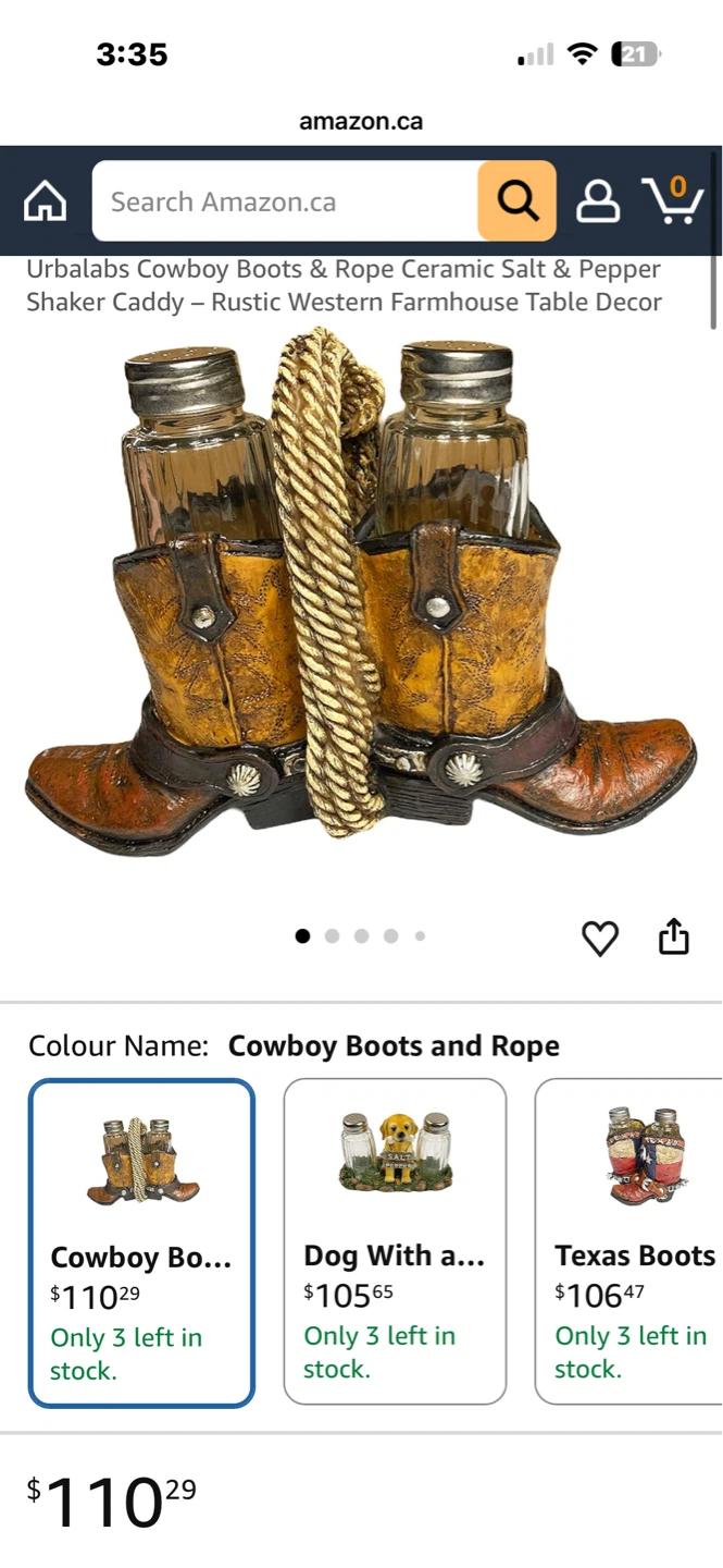 Urbalabs Cowboy Boots & Rope Ceramic Salt & Pepper Shaker Caddy