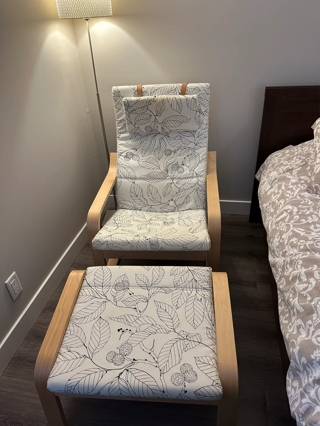 IKEA POÄNG Armchair and Footstool Set with Leaf Print