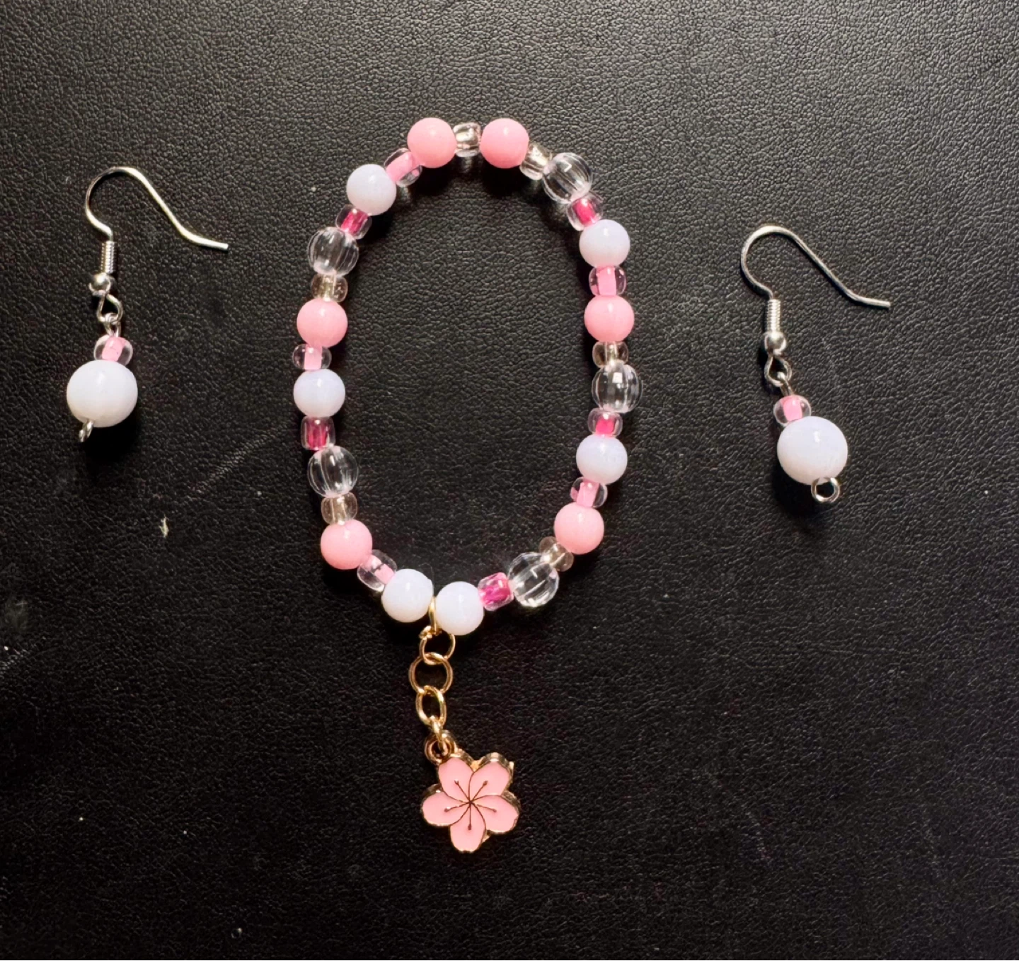 Pink Flower Charm Bracelet & Matching Earrings 🌸