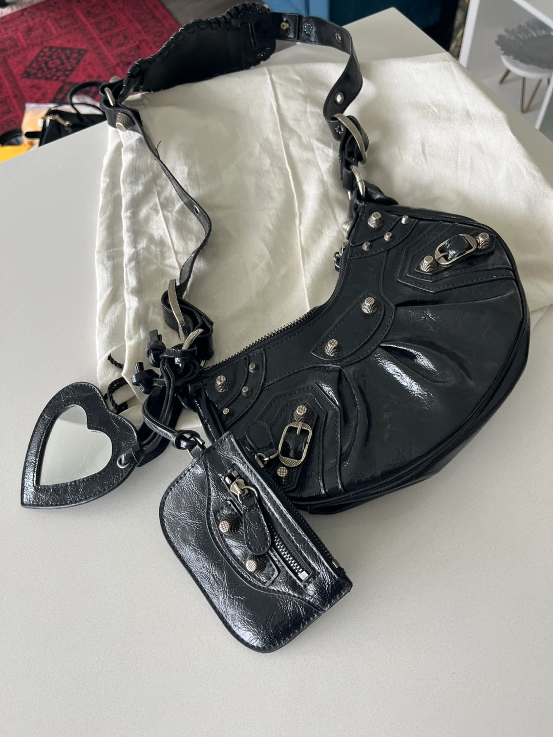 Black Patent Leather Shoulder Bag with Heart Mirror and Pouch