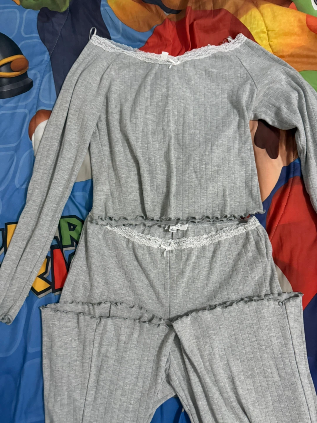 Gray Ribbed Pajama Set with Lace Trim