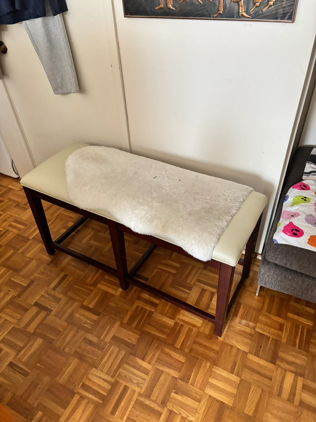 Cream Faux Leather Bench with Dark Wood Legs - photo 3