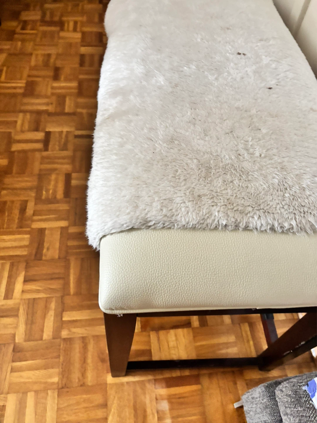 Cream Faux Leather Bench with Dark Wood Legs - photo 4