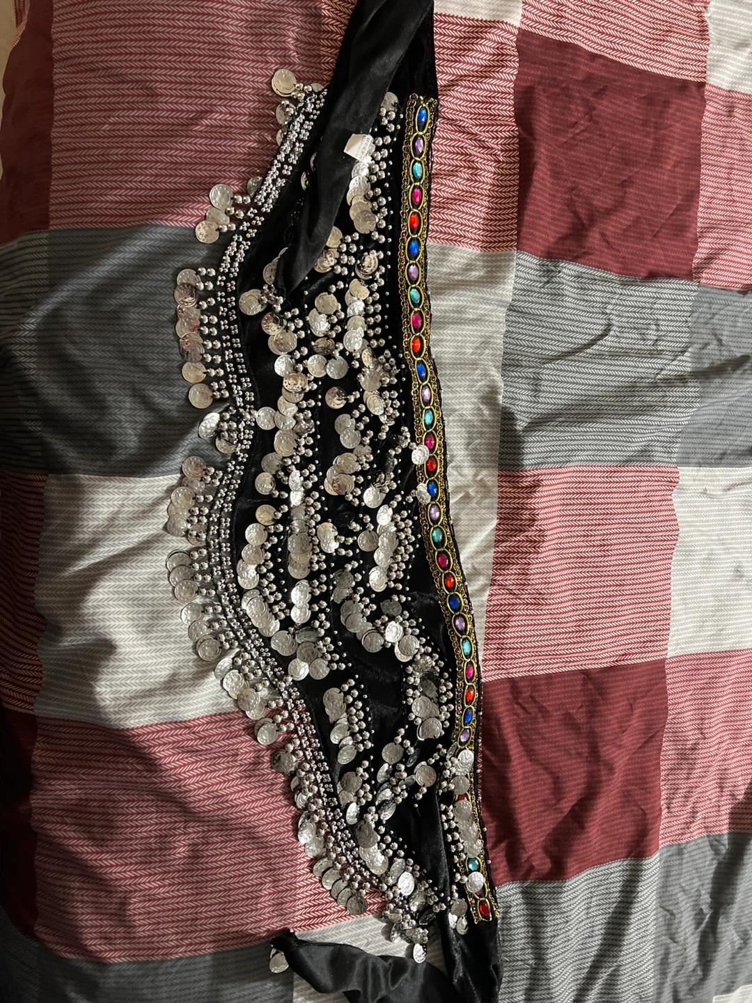 Black belly dance hip scarf with coins and beads