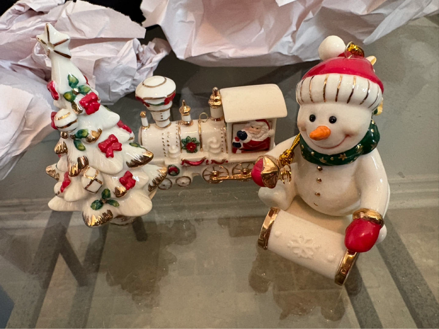 Ceramic Snowman, tree & Train Christmas ornaments