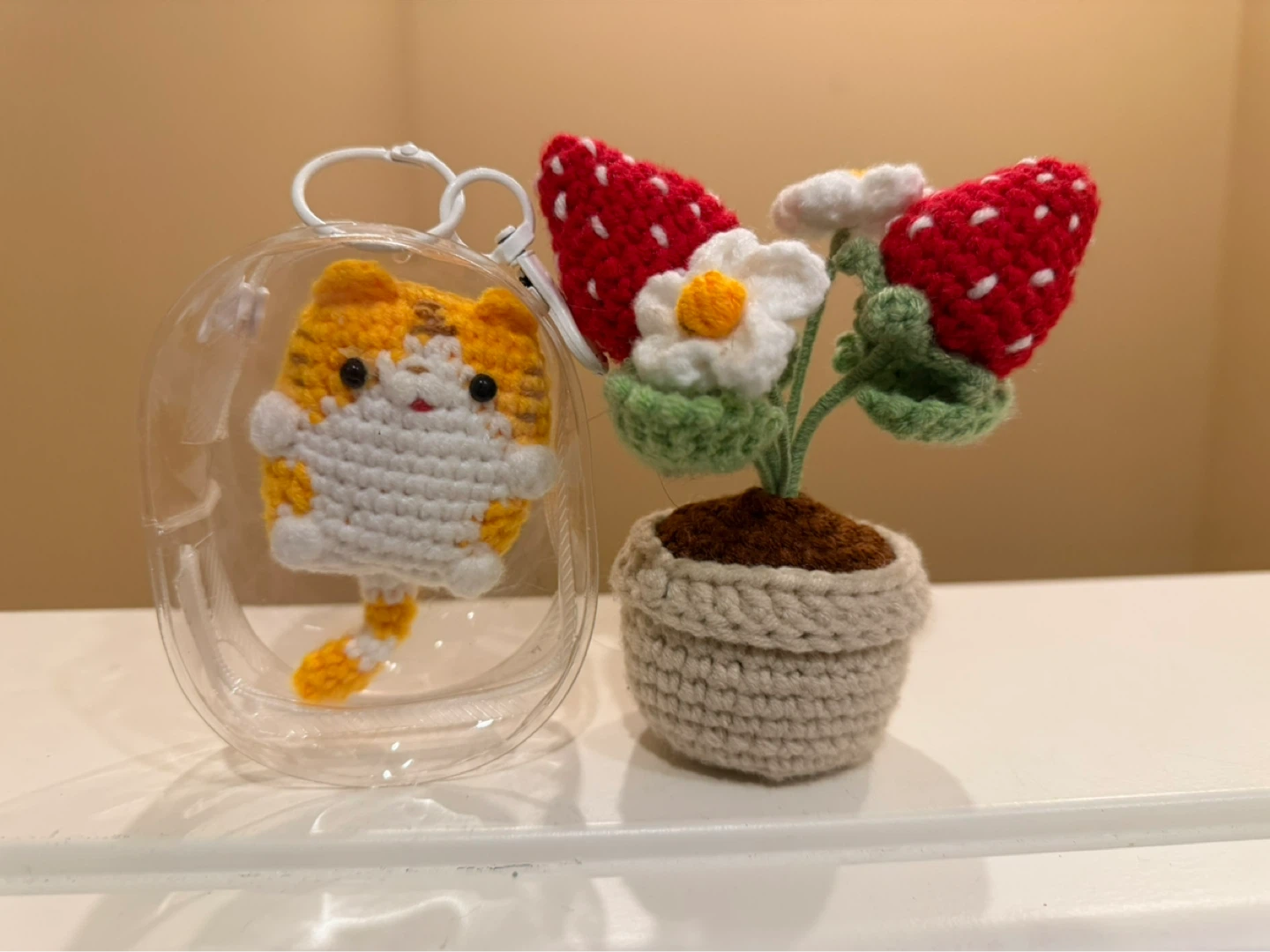 Crocheted Cat Keychain and Strawberry Plant Decor