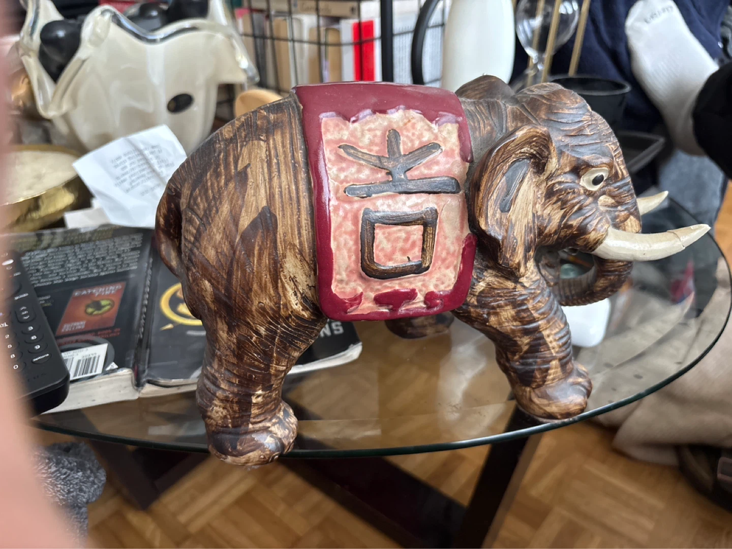 Ceramic Elephant Figurine with Chinese Character