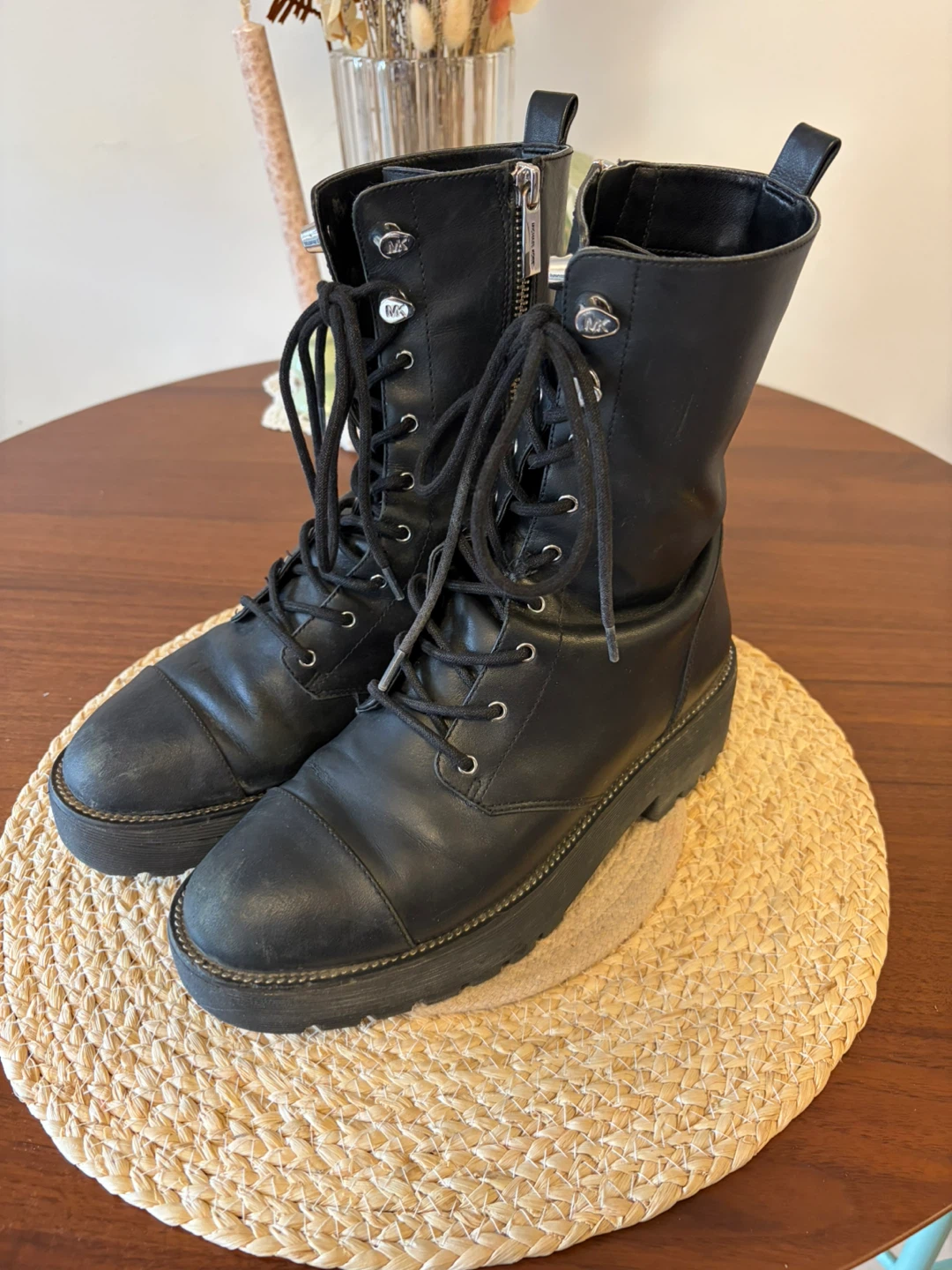 Michael Kors Black Leather Lace-Up Combat Boots - 8