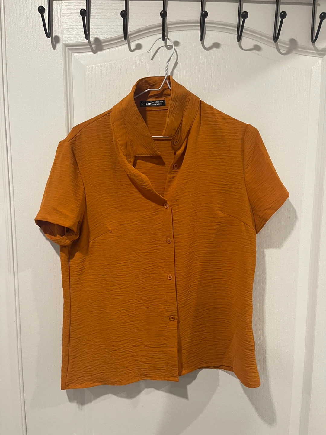 Shein Orange Textured Short Sleeve Button-Up Blouse