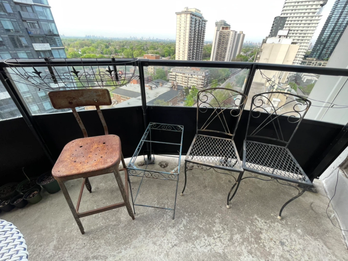 Vintage Metal Bar Stool and Two Patio Chairs