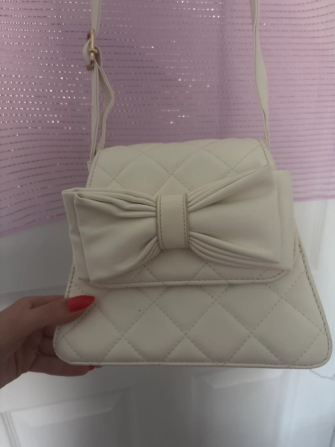 Cream Quilted Crossbody Bag with Bow