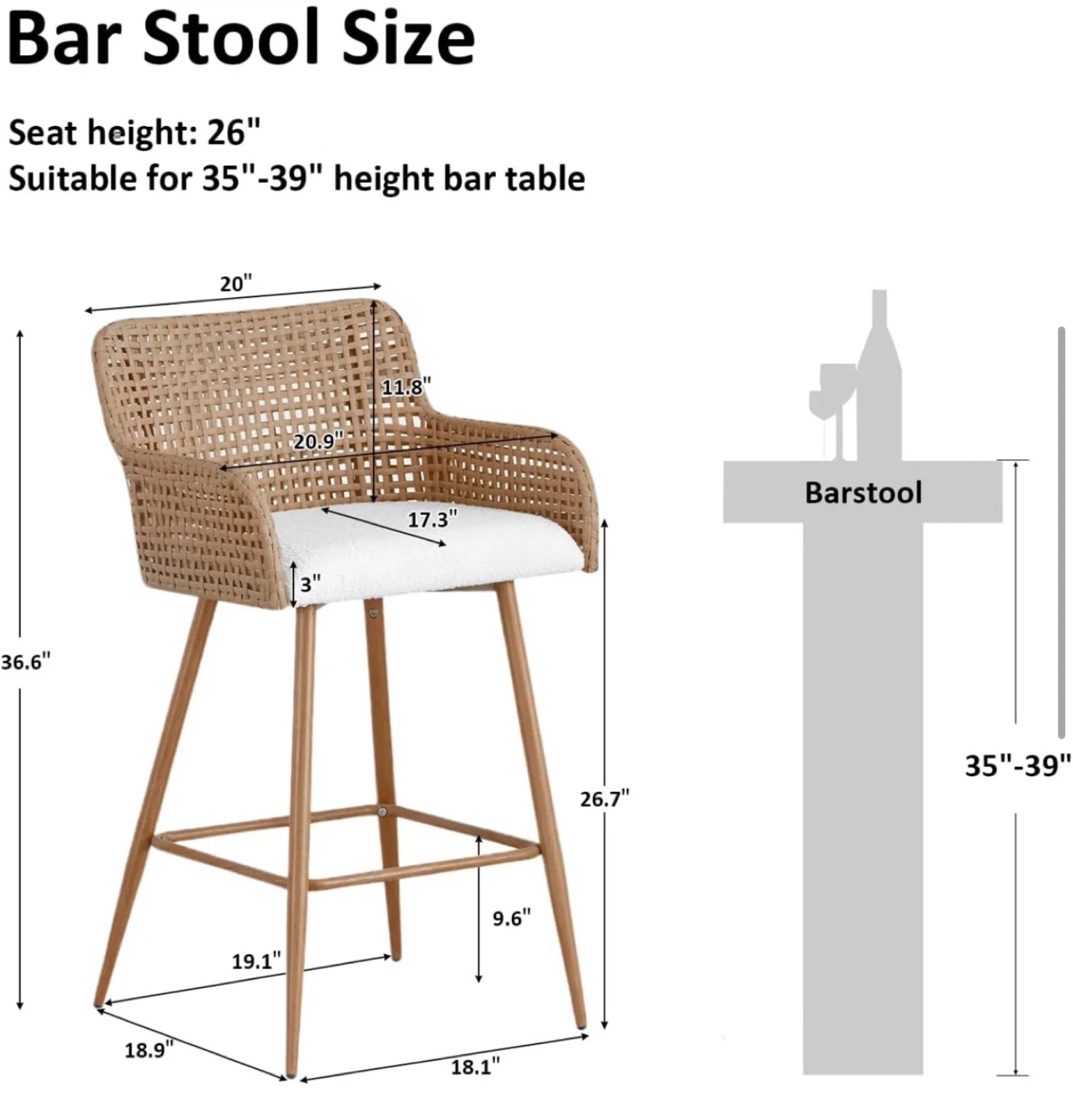 Set of 3 Woven Bar Stools with White Cushions - photo 3