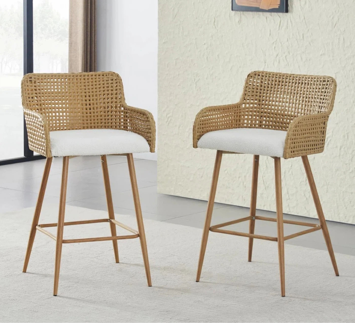 Set of 3 Woven Bar Stools with White Cushions - photo 5