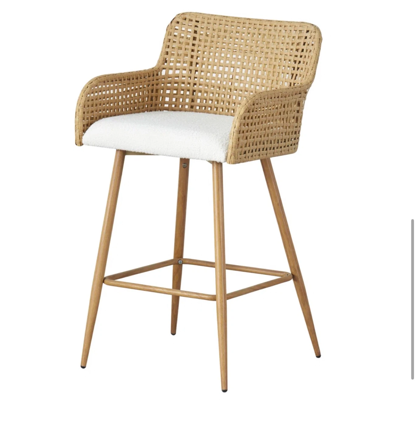 Set of 3 Woven Bar Stools with White Cushions
