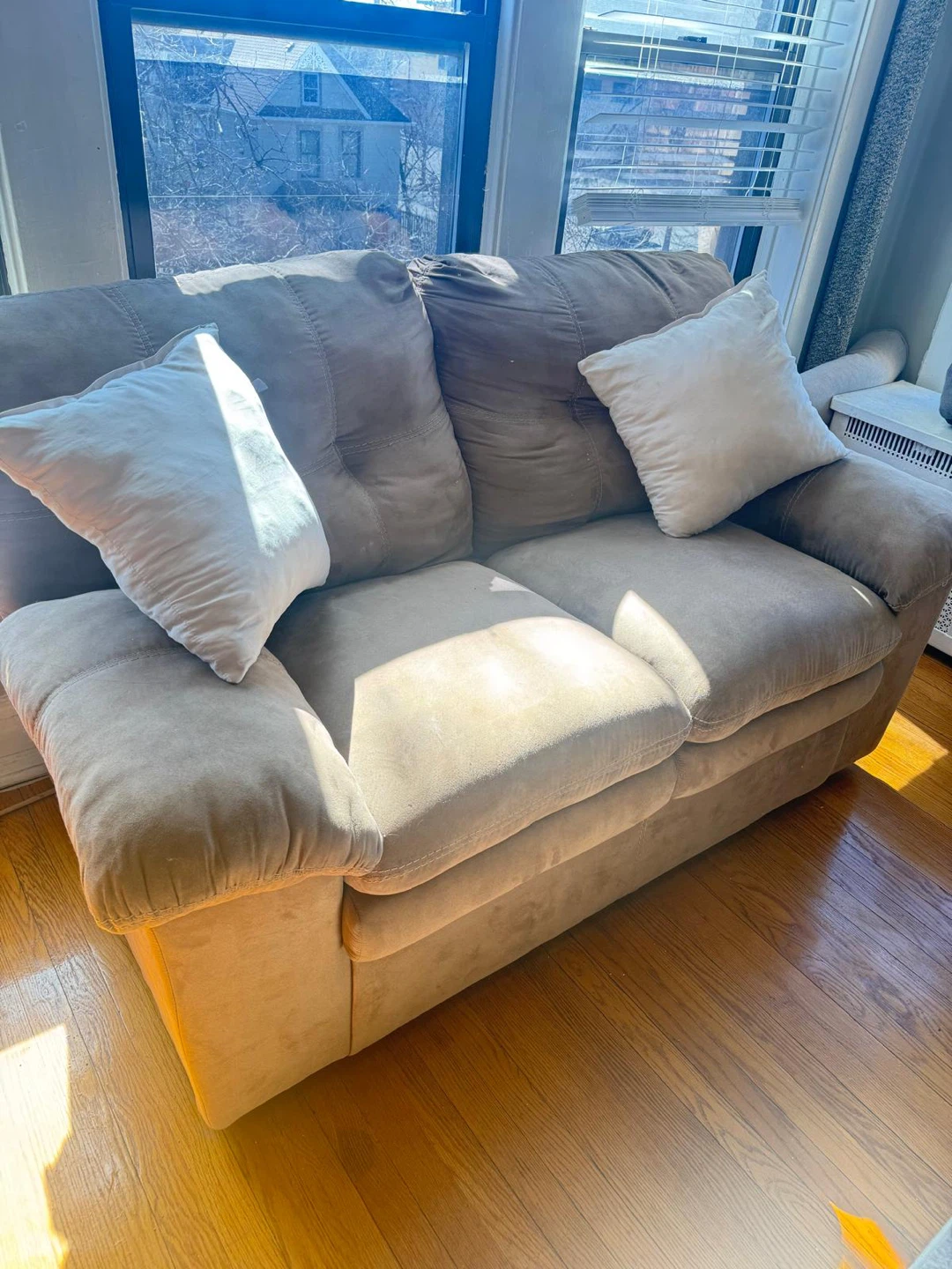 Taupe Suede Loveseat Sofa