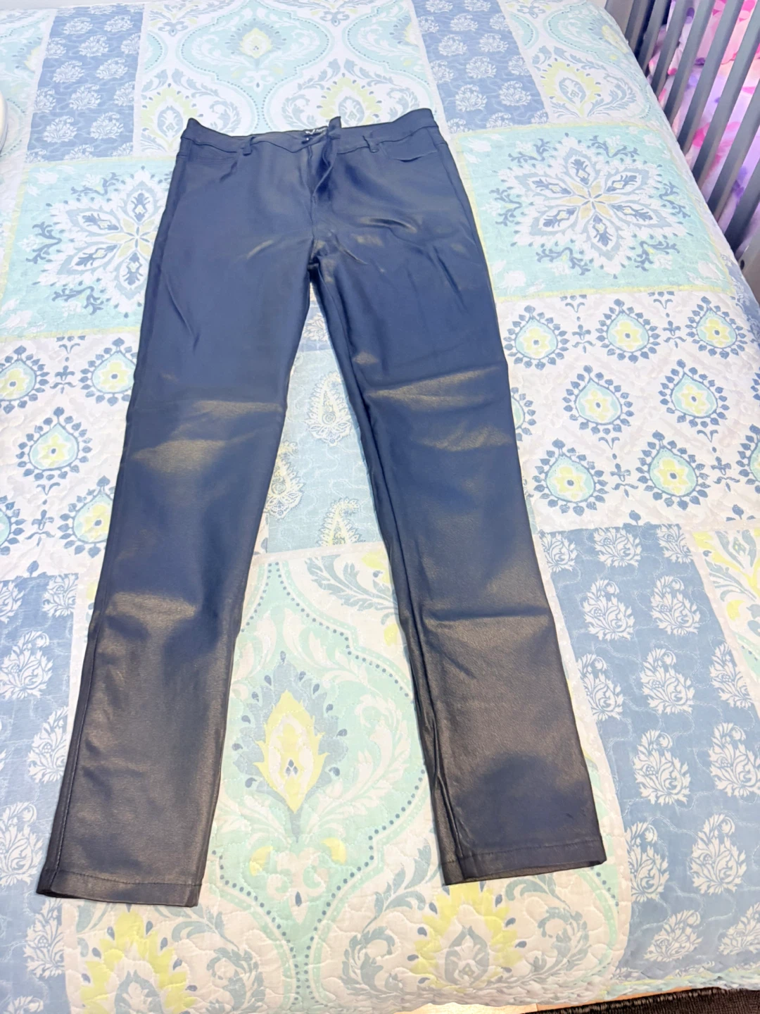 Blue Faux Leather Pants