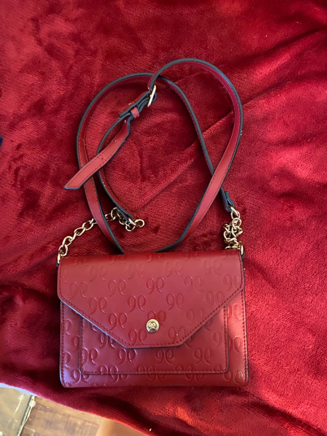 Red Embossed Clutch Wallet with Chain Strap