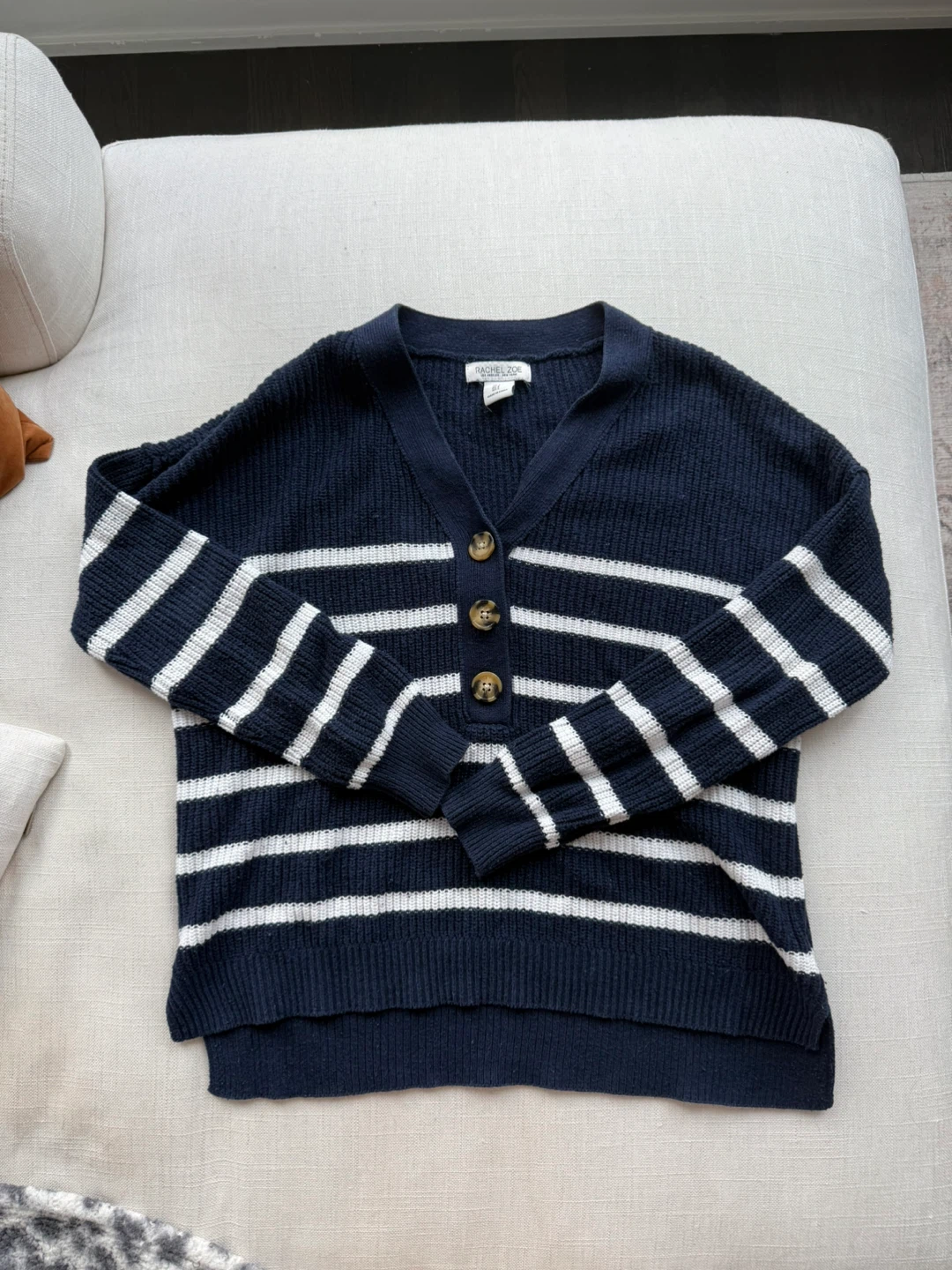 Rachel Zoe Navy Striped Button-Up Sweater