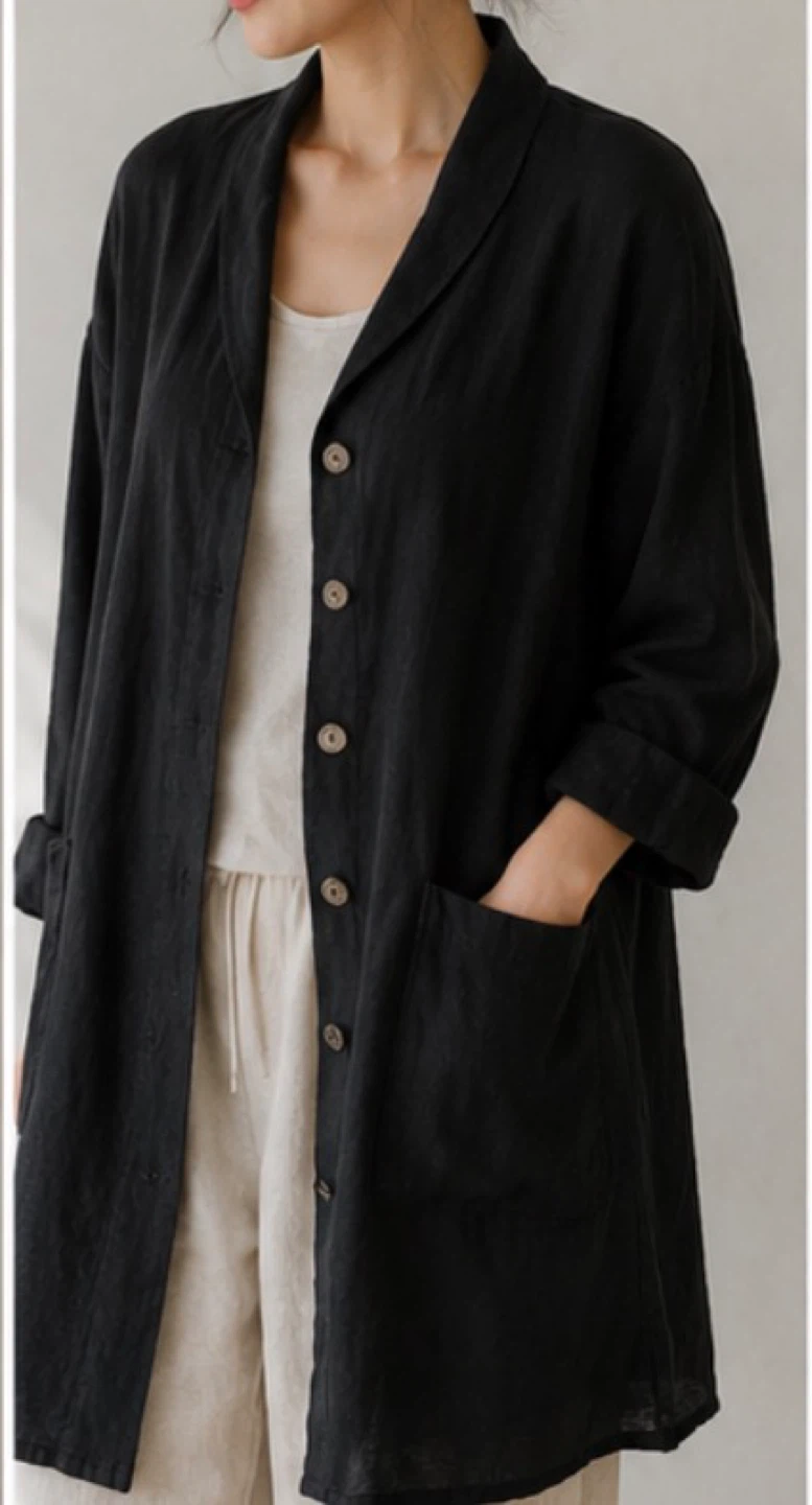 Black Long Linen-Style Cardigan / Jacket from Korea