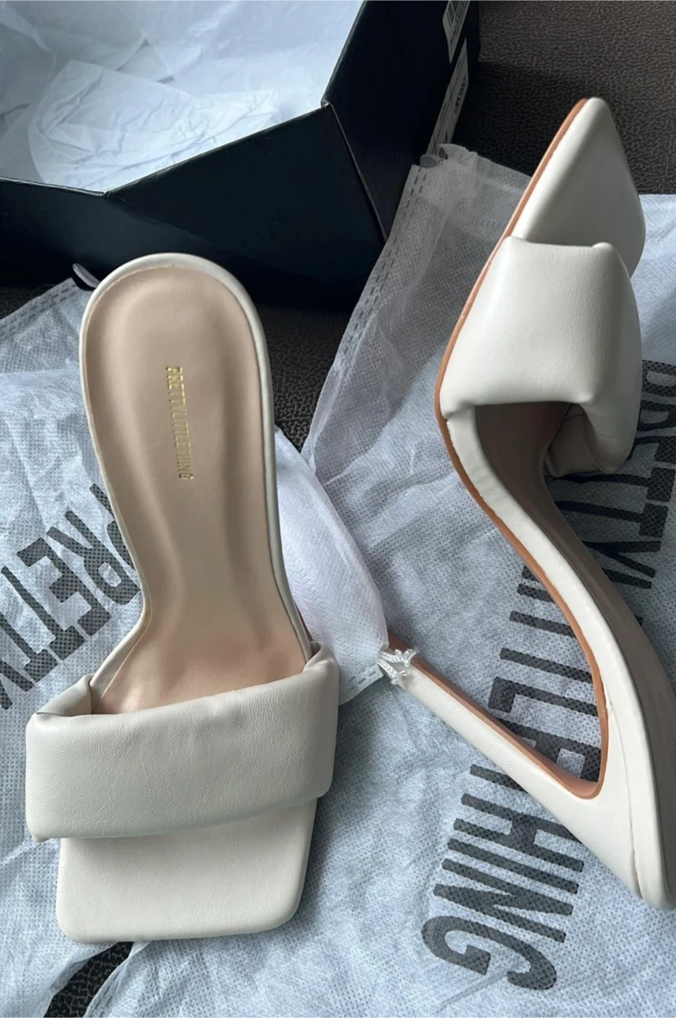 PrettyLittleThing Cream Square Toe Heeled Mules