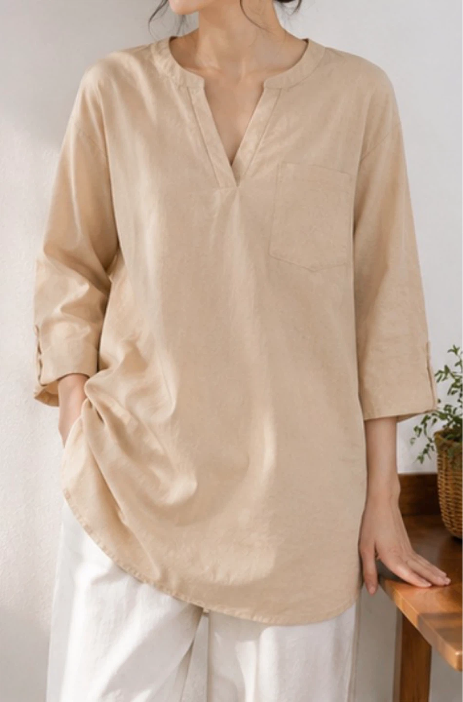 Brand new) Beige Oversized Tunic Blouse – Minimal Korean Style