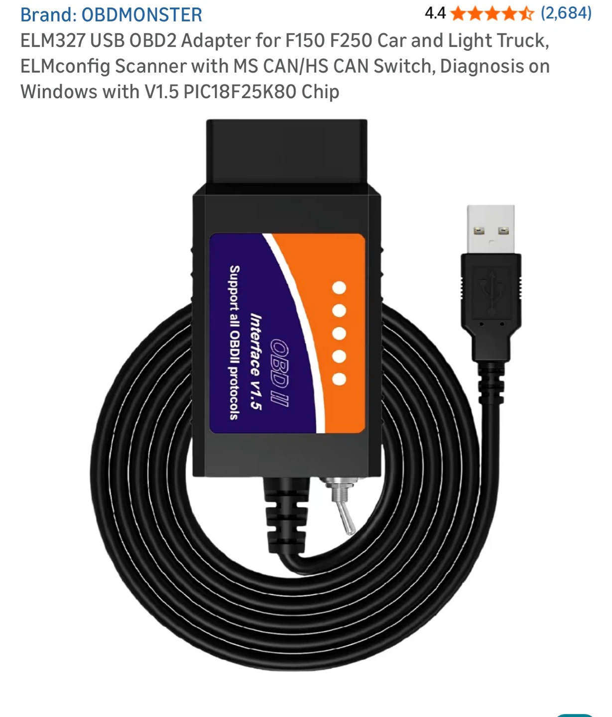 OBDMONSTER ELM327 V1.5 OBD2 USB Scanner