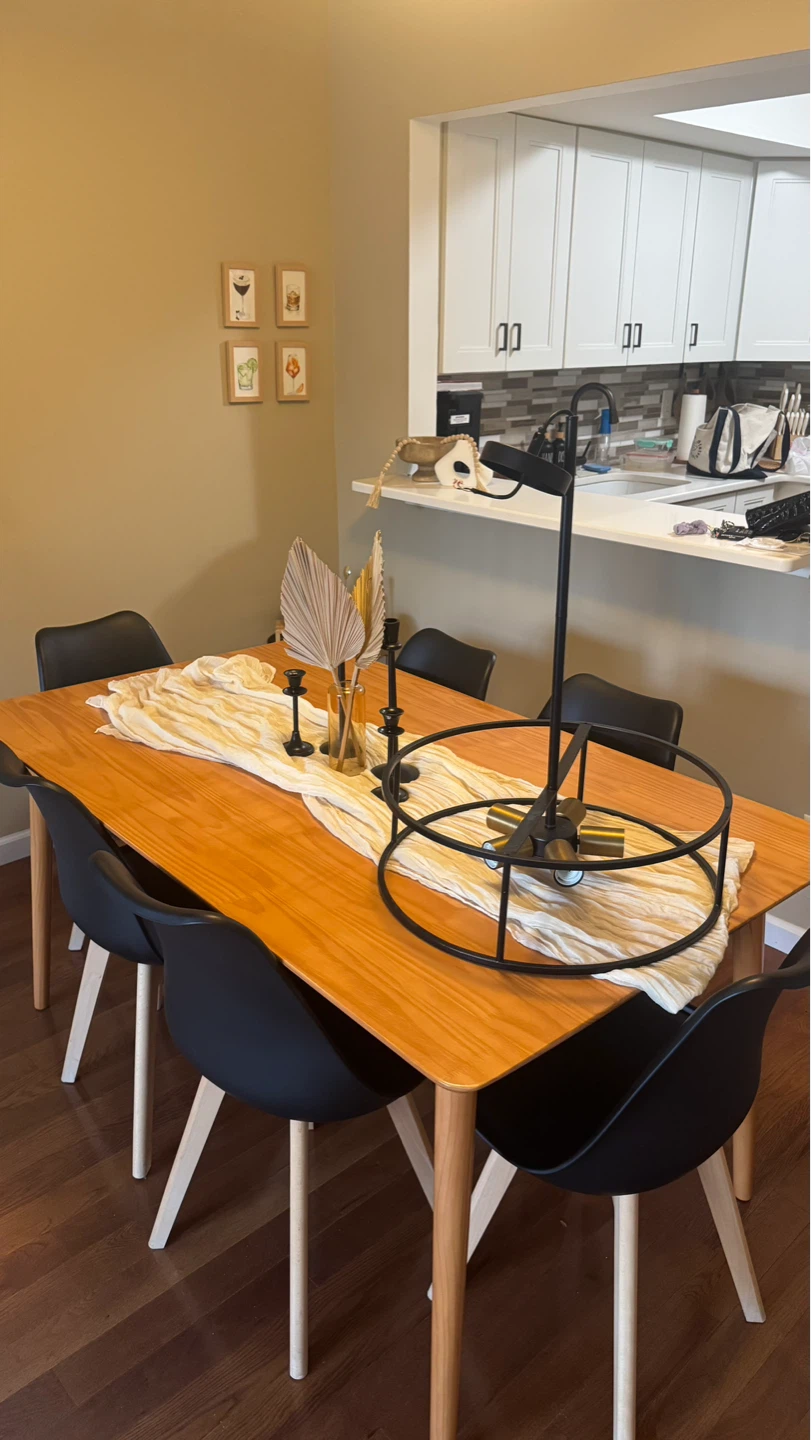 Wood Dining Table with 6 Black Chairs and Chandelier - photo 2