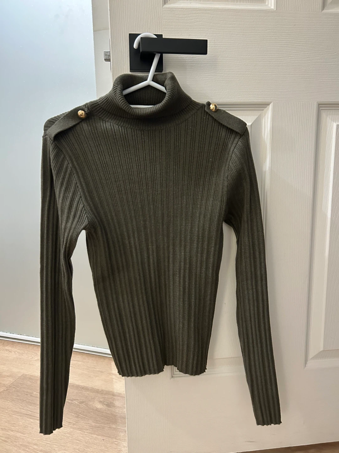Ribbed Turtleneck Sweater with Gold Buttons