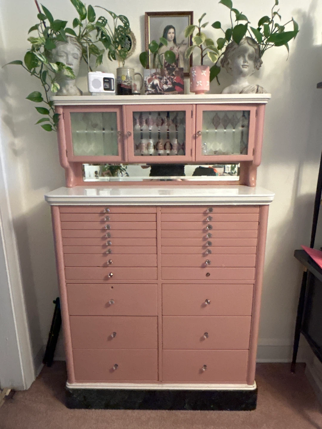 Pink Dental Cabinet with Glass Doors and Many Drawers