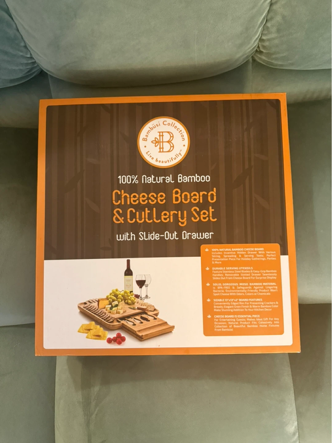 Brand New Sealed Bamboo Cheese Board & Cutlery Set