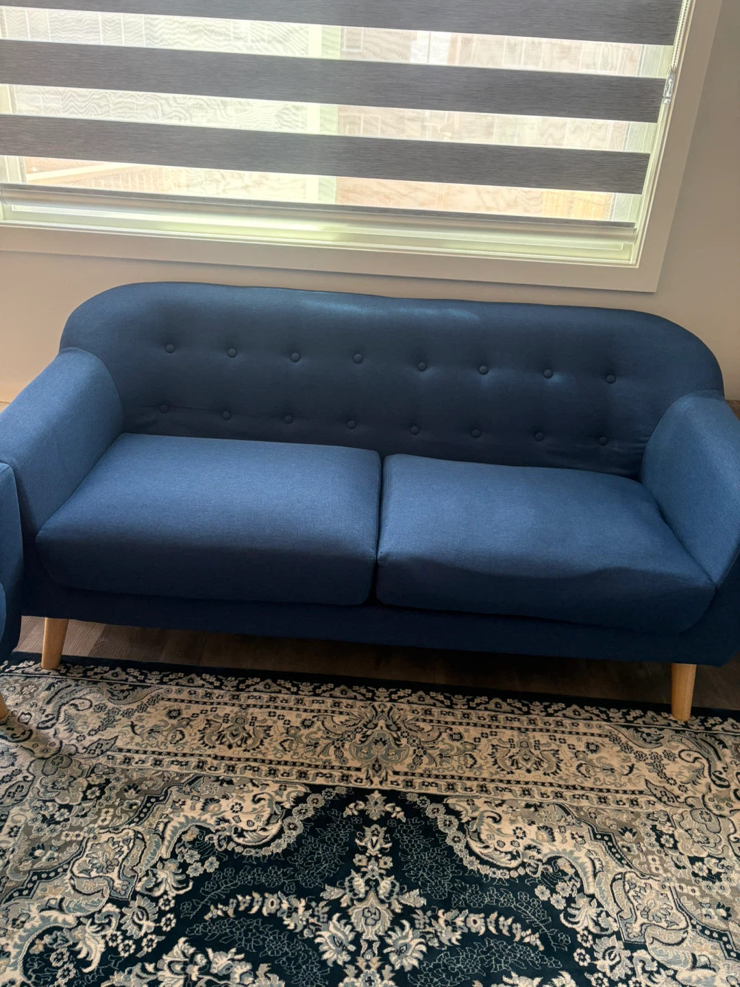 Navy blue 2 piece fabric sofa -good condition - photo 2