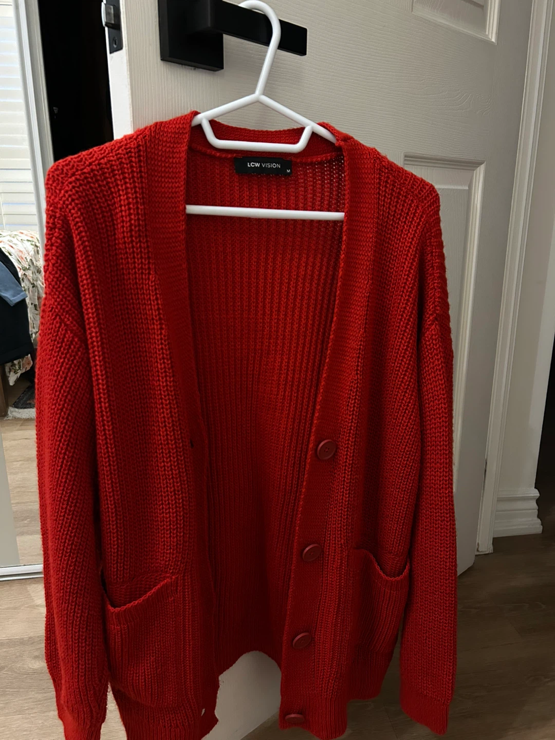 Red cardigan