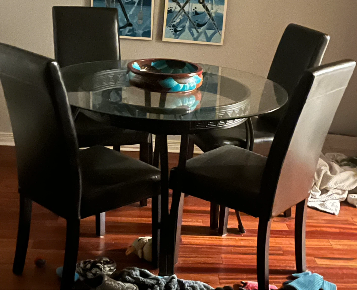 Glass Top Dining Table with 4 Black Chairs