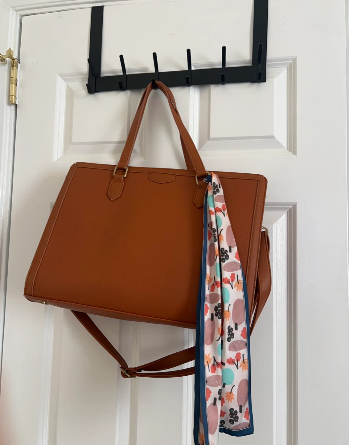 Brown Faux Leather Tote Bag with Scarf