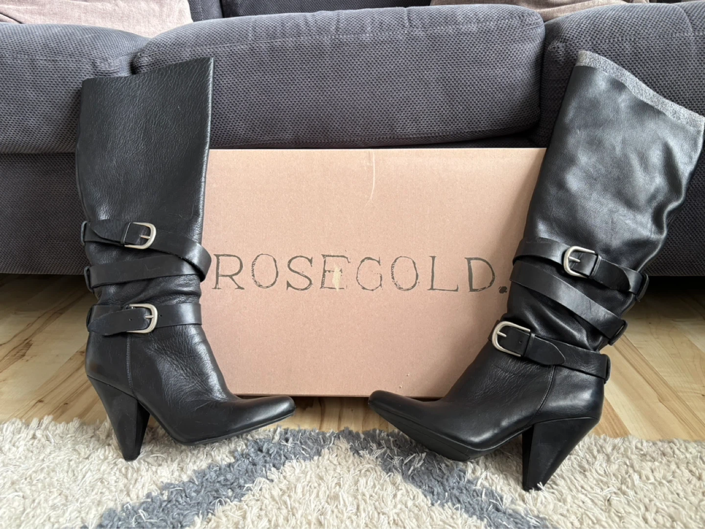Black Leather Knee-High Boots with Buckles