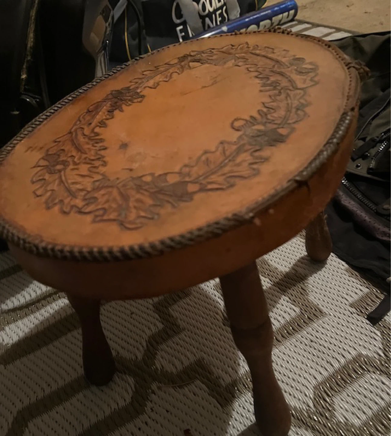 Vintage Leather Top Stool with Carved Oak Leaf Design